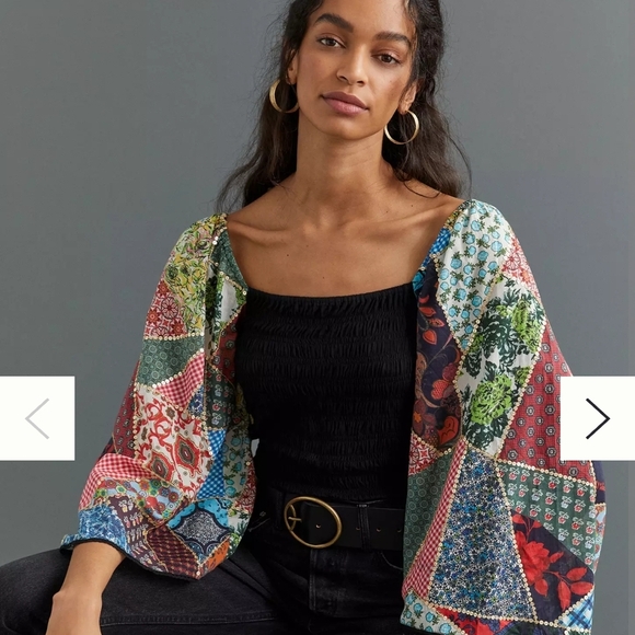 Anthropologie Black Top with Colorful Patchwork Sleeves - Picture 9 of 9